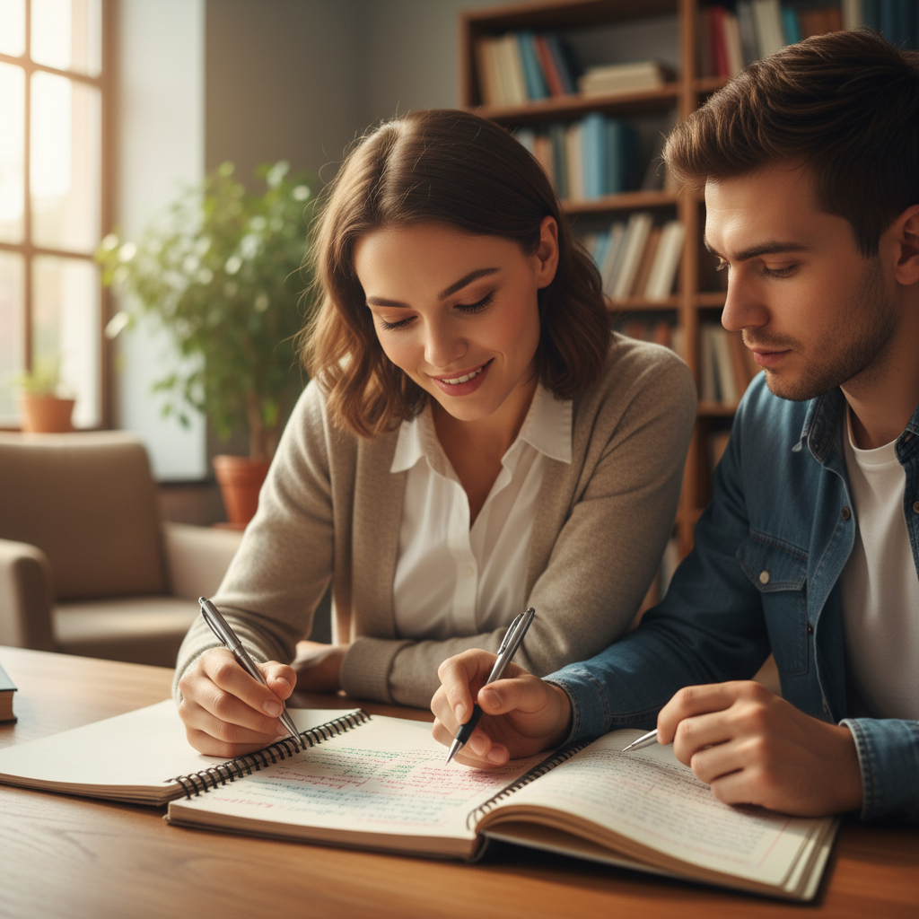 Young student concentrating on mathematics workbook with teacher providing one-on-one guidance in bright classroom