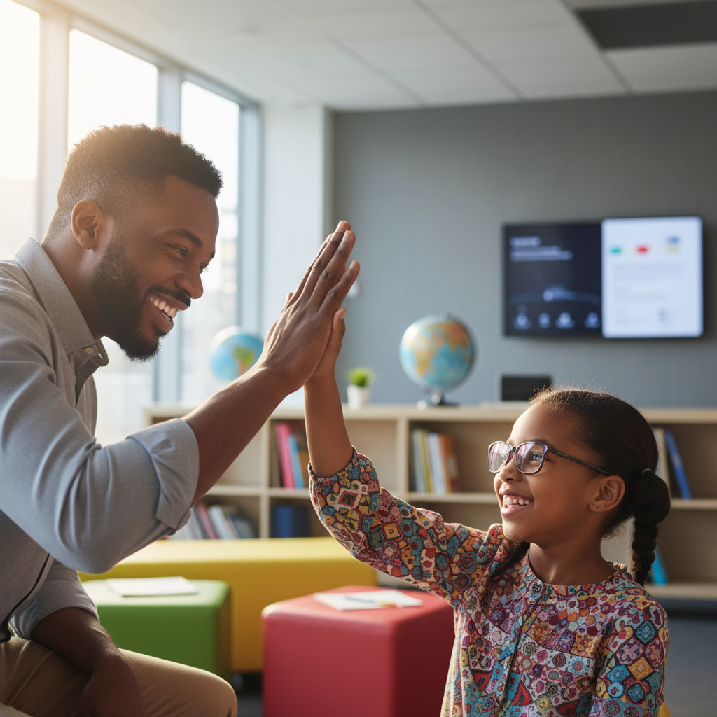 Proud parent and child celebrating academic achievement with high-five in modern learning center