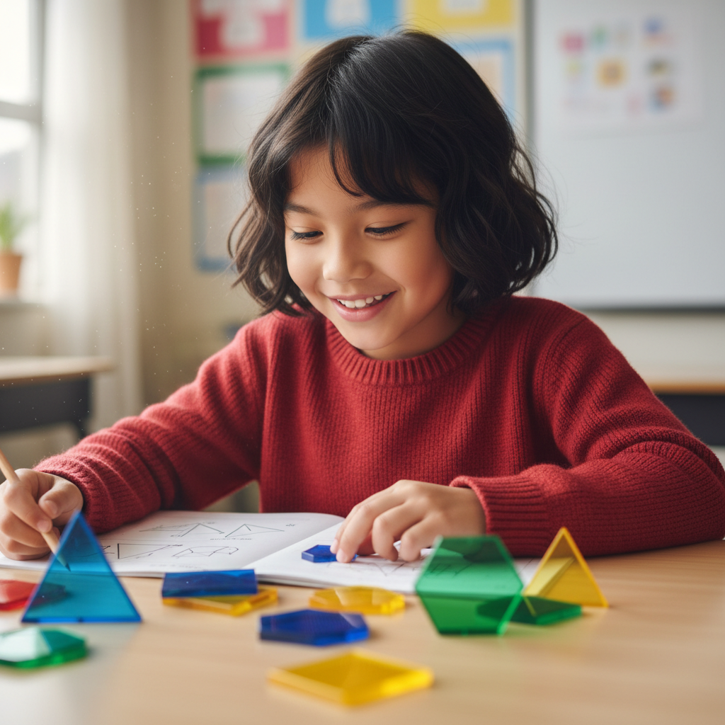 Happy elementary school student smiling while working on math problems with colorful learning materials on desk