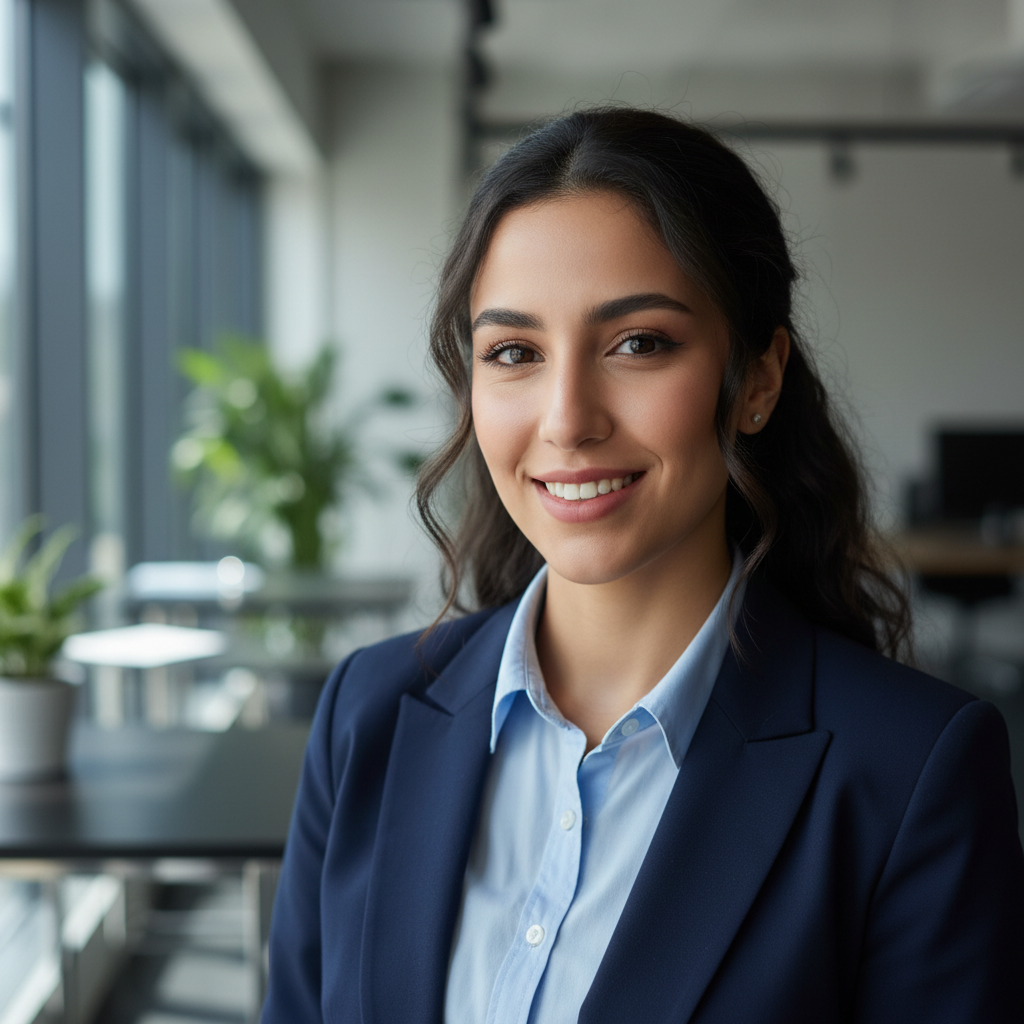 Middle Eastern woman in professional attire smiling warmly at camera in bright modern office
