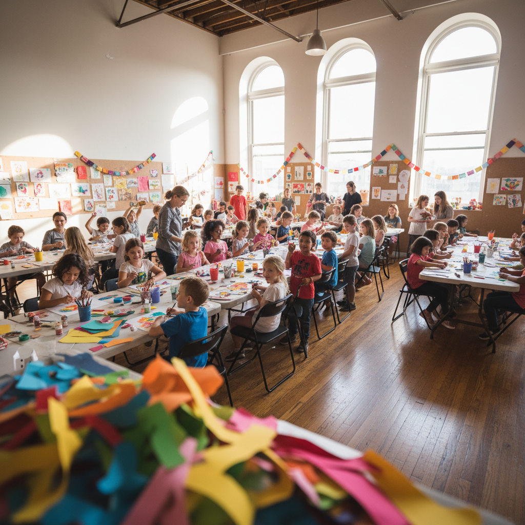 Parents and children participating in interactive math workshop with colorful learning materials and engaged expressions