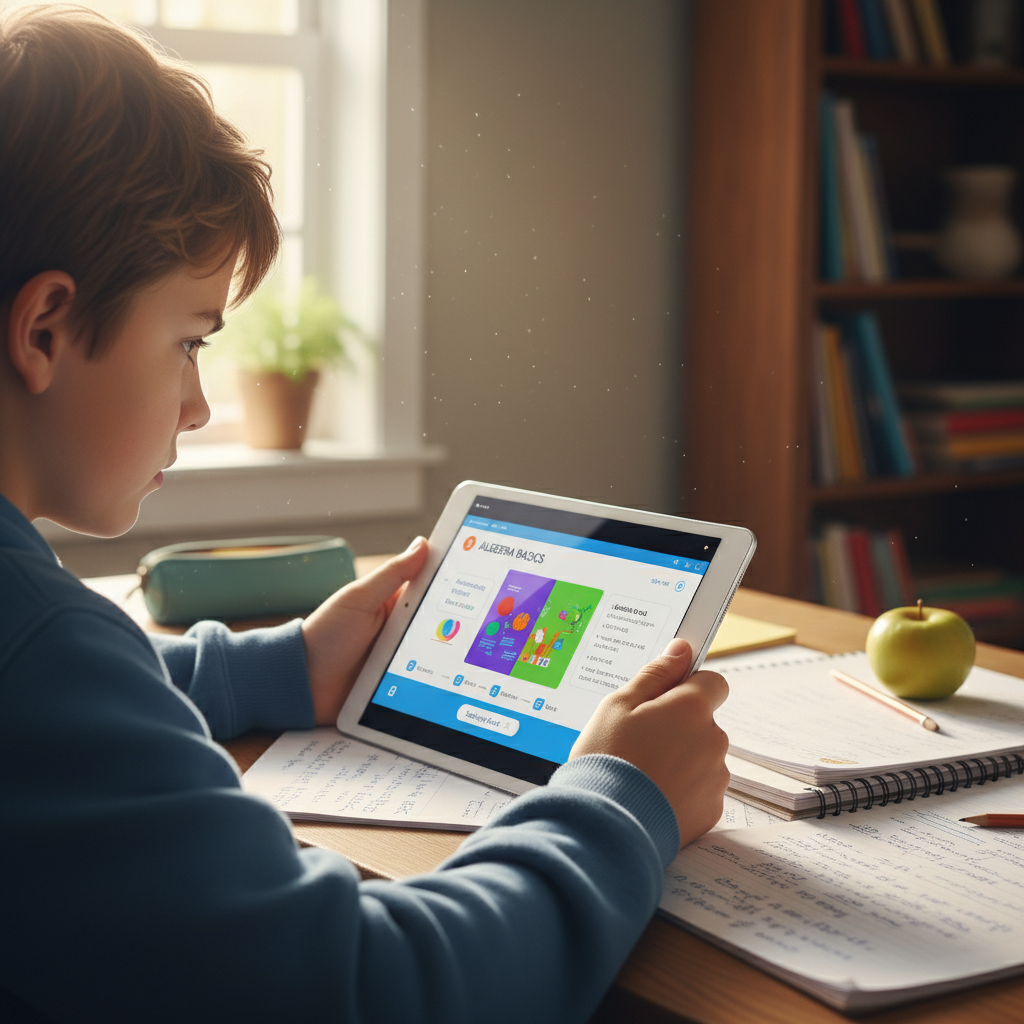 Middle school student watching algebra tutorial video on tablet with notes