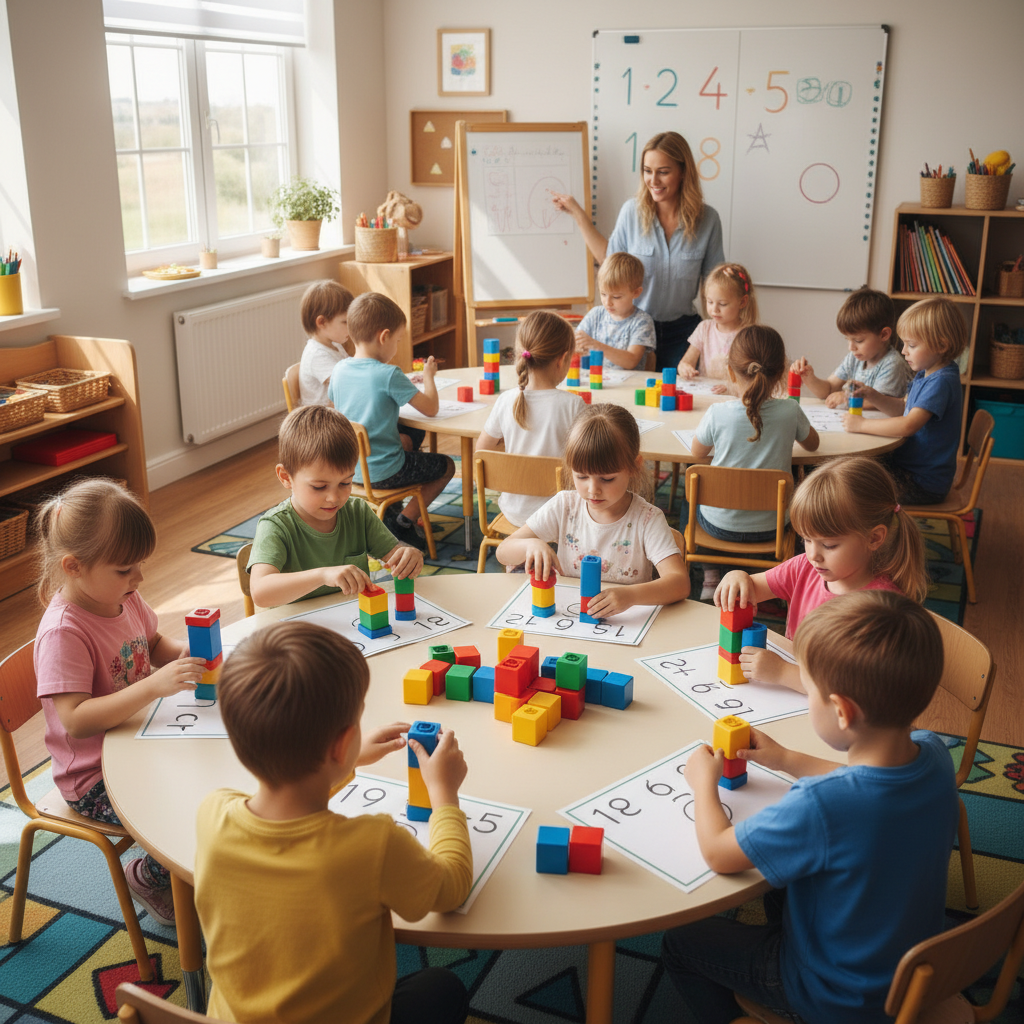 Young children learning number sense with colorful counting blocks and educational materials