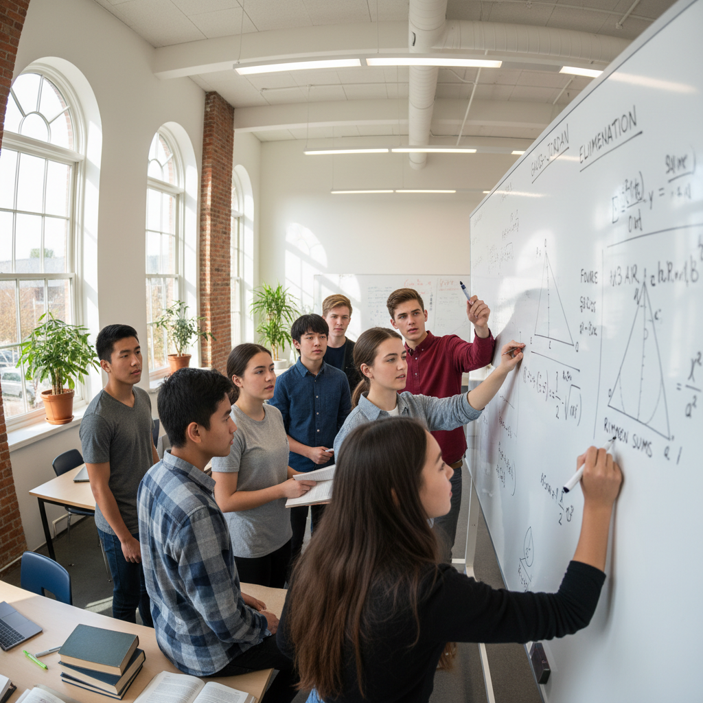 High school student solving advanced calculus problems on whiteboard