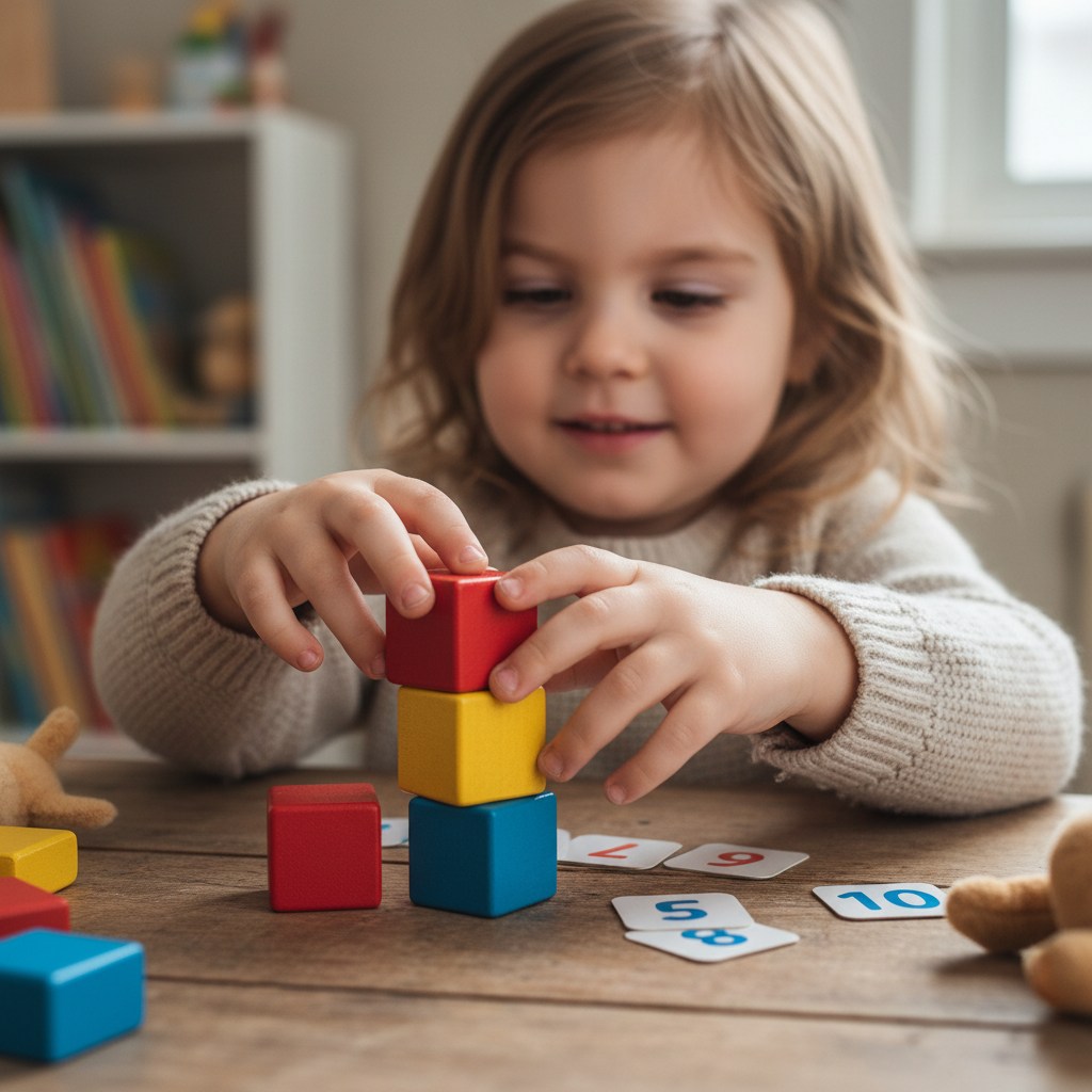 Young child developing number sense with hands-on learning materials