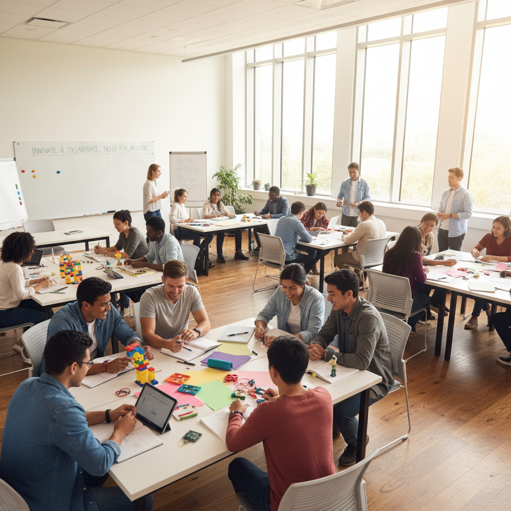 Group of diverse elementary students working collaboratively on math problems with teacher guidance in bright modern classroom